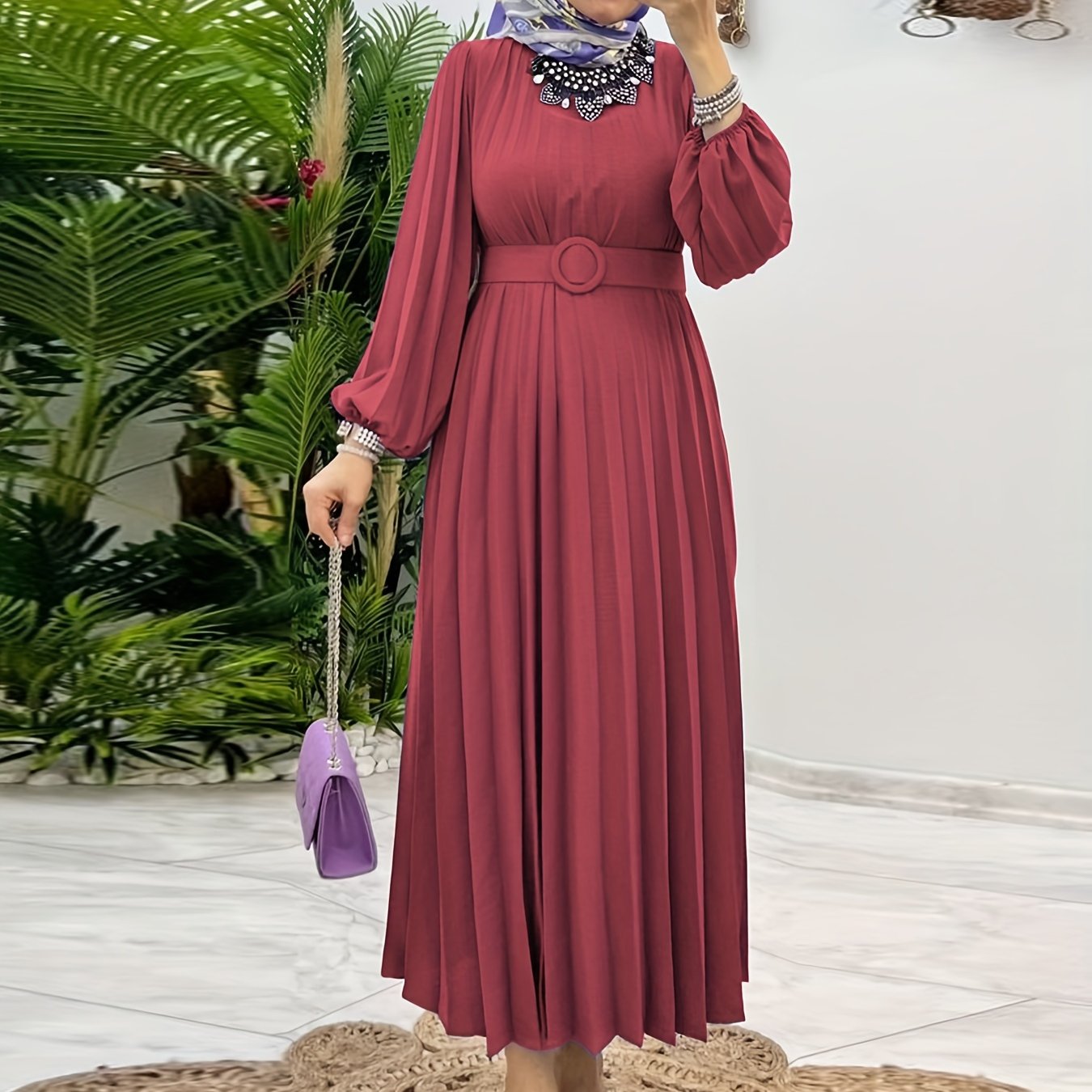 Ruffle Hem Crew Neck Abayas Dress, Elegant Maxi Dress