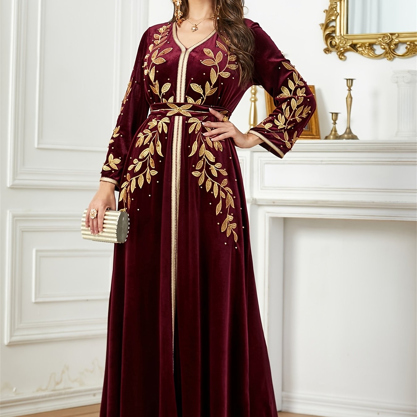 Women'S Jalabiya Ramadan Dubai Embroidery Maxi Dress Belt included Marocain V-Neck Belted Kaftan Dresses For Women Gala