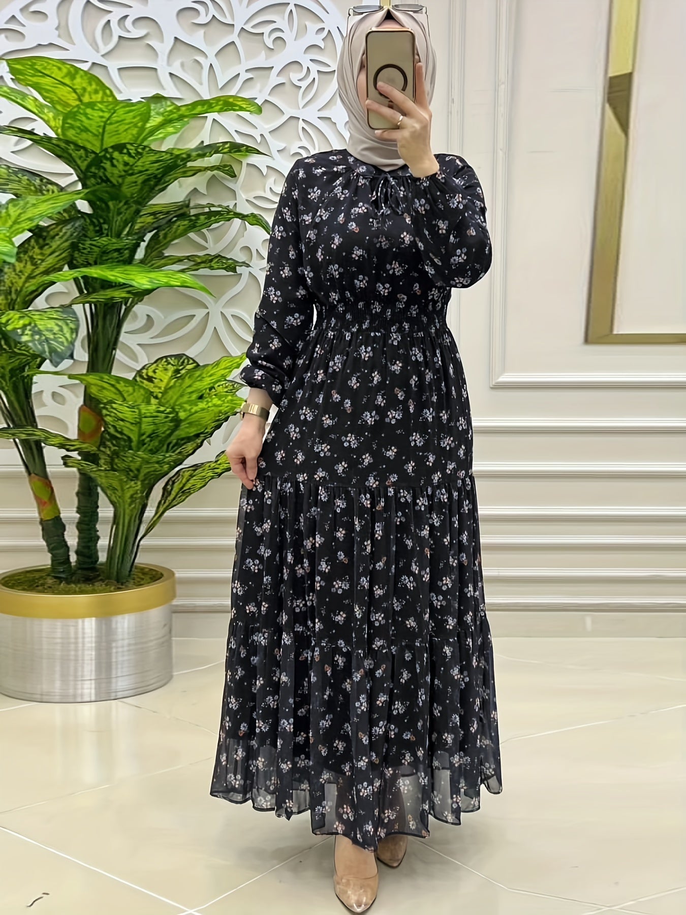 Crew Neck Long Sleeve Abayas Dress, Elegant Shirred Waist Ruffle Hem Maxi Length Dress, Women's Clothing