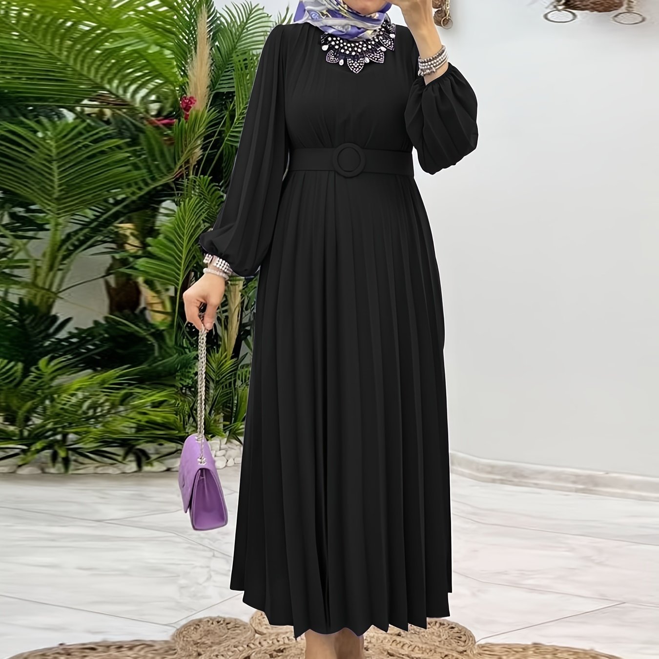 Ruffle Hem Crew Neck Abayas Dress, Elegant Maxi Dress