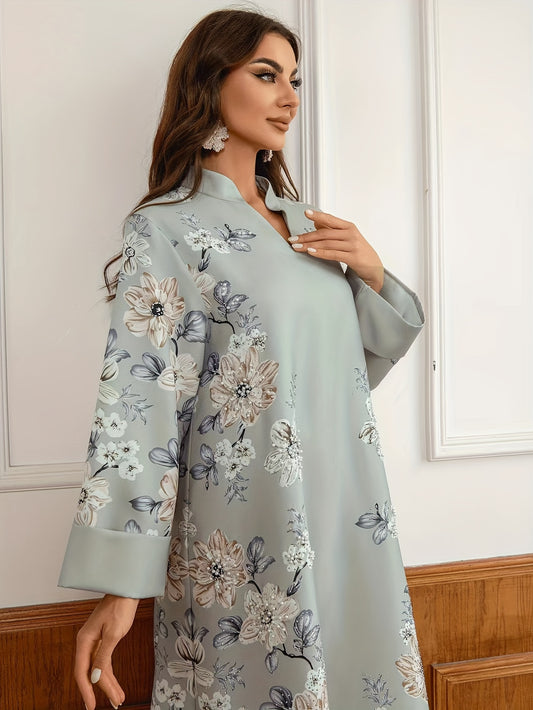 Elegant Floral Embroidered Kaftan Dress for Women - Long Sleeve, V-Neck Maxi Robe with Bead Detail, Polyester, Perfect for Spring/Fall