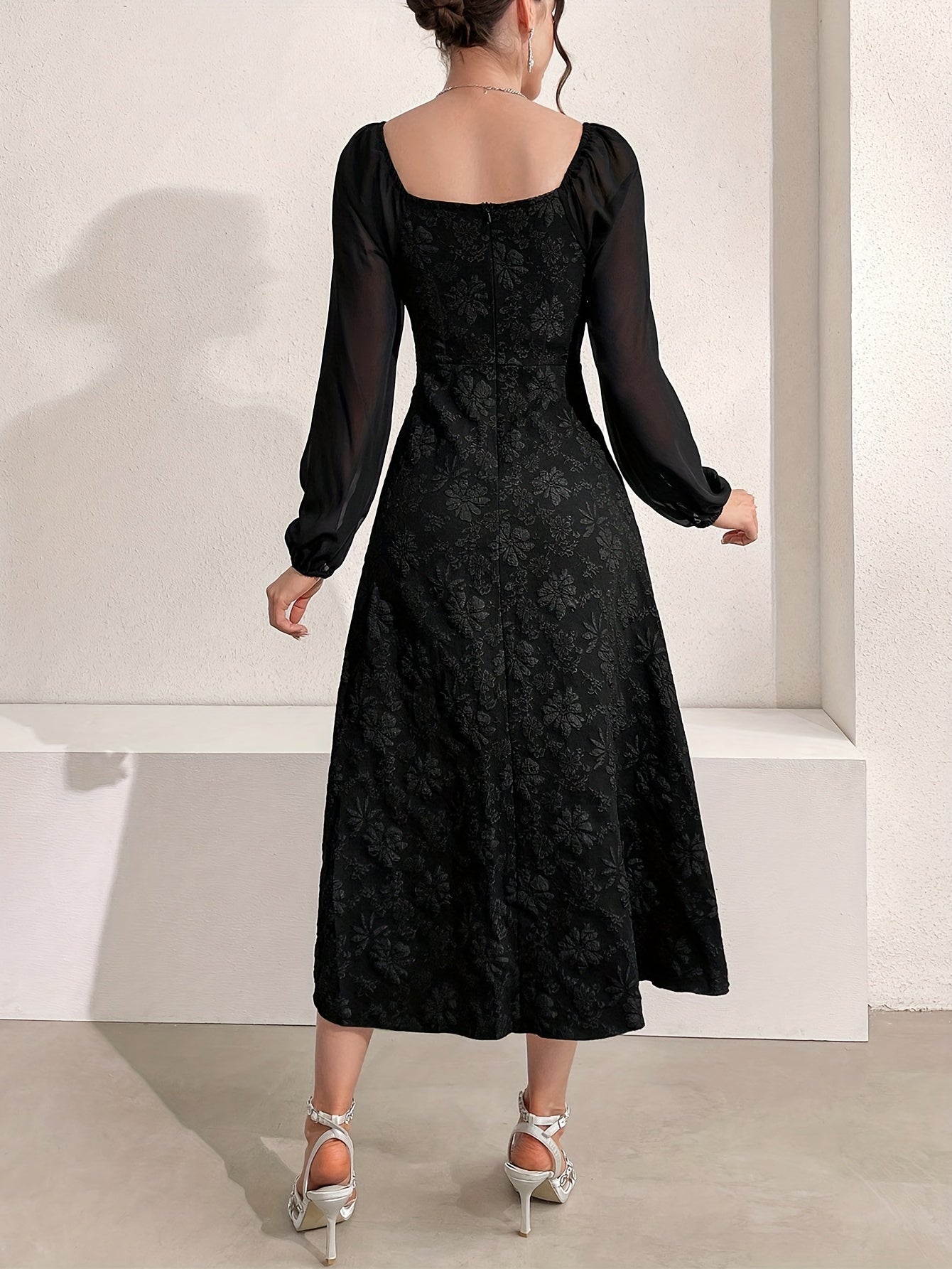 Floral Textured Lantern Sleeve A-line Dress, Elegant Square Neck