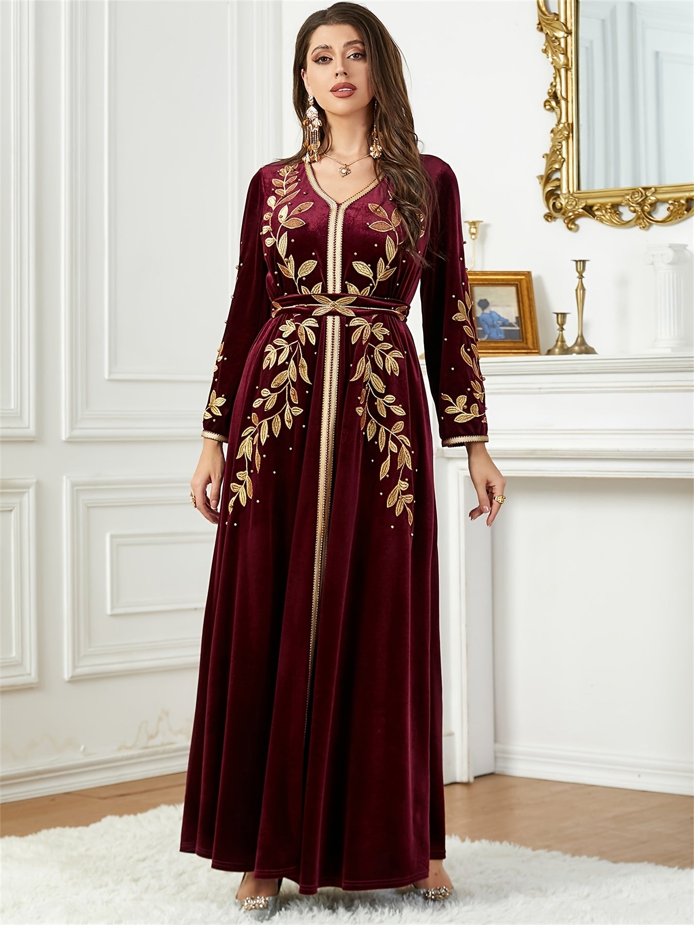 Women'S Jalabiya Ramadan Dubai Embroidery Maxi Dress Belt included Marocain V-Neck Belted Kaftan Dresses For Women Gala