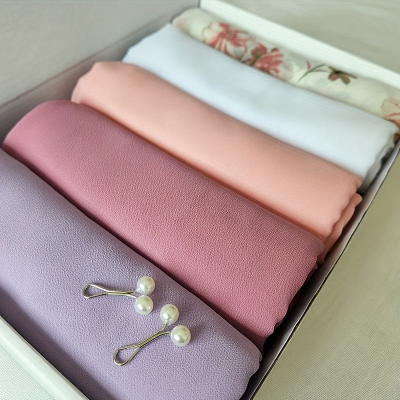 7 Elegant Thin Breathable Chiffon Scarves 5pcs, with 2pcs Artificial Pearl Headscarf Pin Combination, Multifunctional Comfortable Headscarf/Shoulder, Suitable for Eid Gift Box Gifts