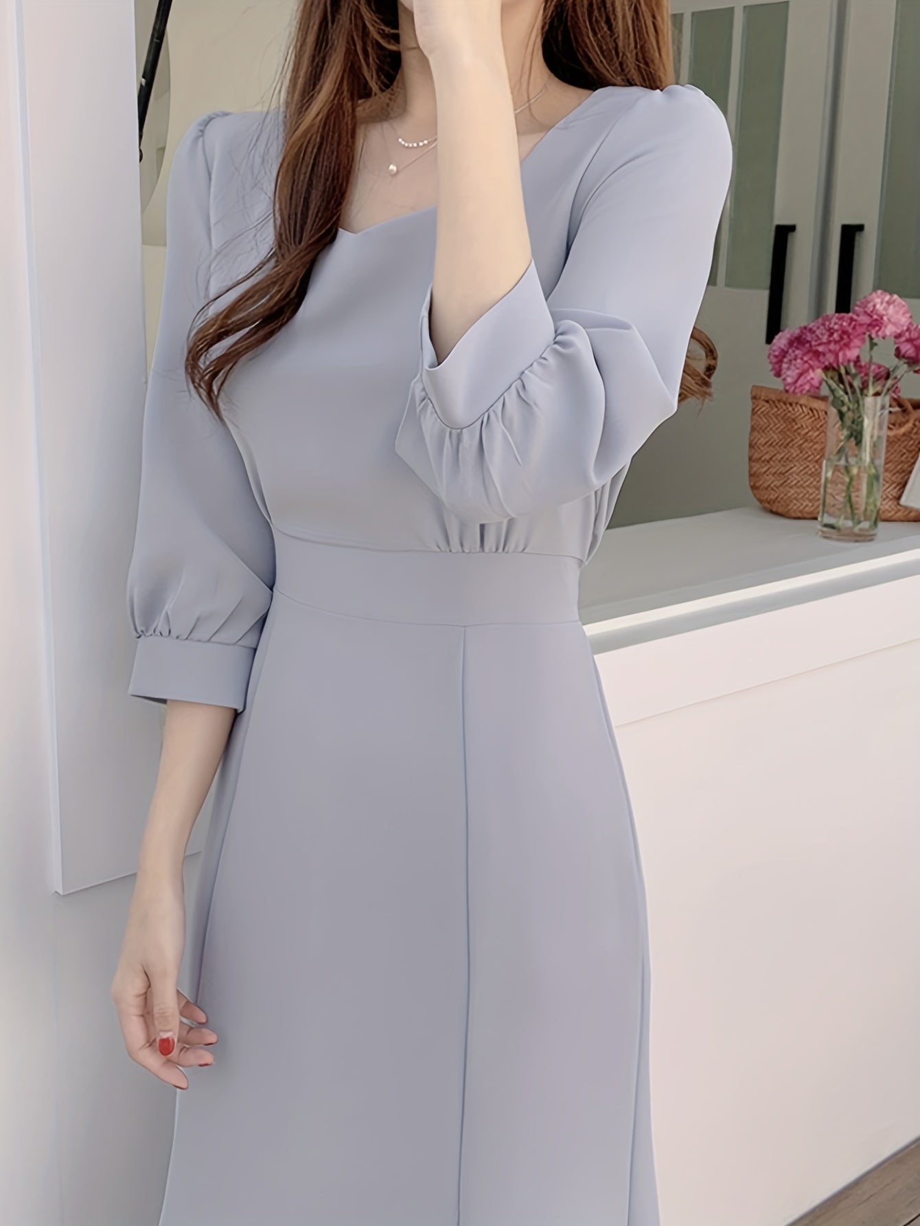 Elegant French-Inspired Square Neck Midi Dress with Tie Waist