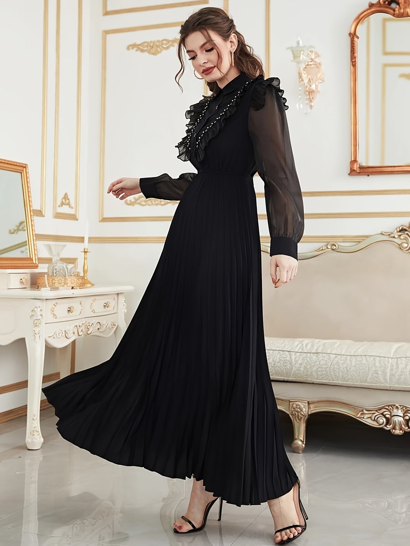 Ruffle Trim Button Front Pleated Dress, Elegant Long Sleeve Aline Flowy Dress