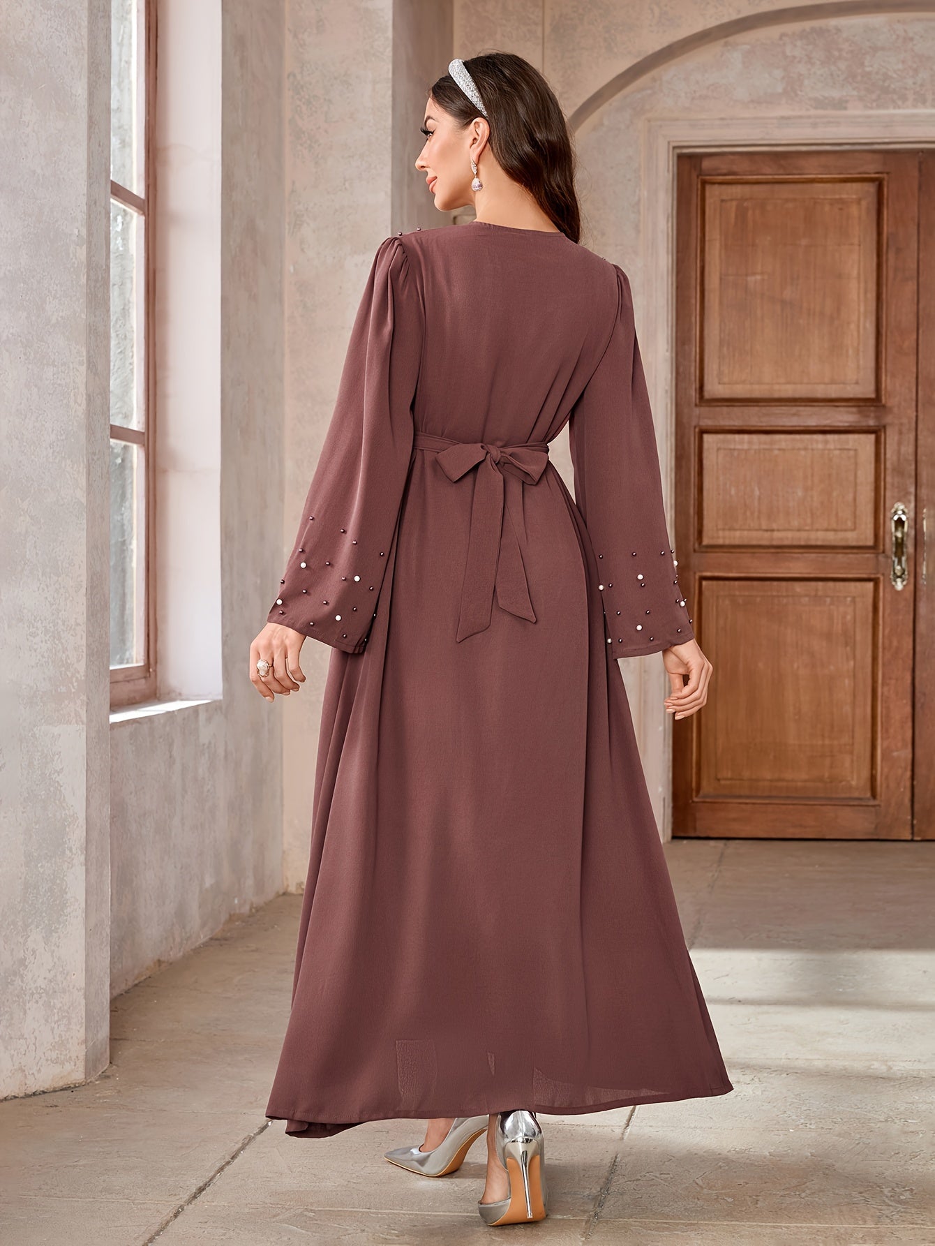 Ramadan Button Front Tie Waist Beaded Burqas, Elegant Long Sleeve Maxi Length Dress, Women's Clothing